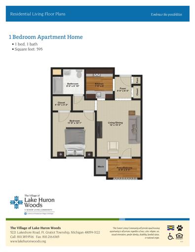Residential Living Floor Plans: 1 Bedroom Apartment Home